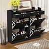 Edler schwarzer Schuhschrank mit 4 Klapptüren, 2 Schubladen, 3 offenen Fächern - perfekt für moderne Flure und Eingangsbereiche, Maße 110 x 26 x 100 cm Bild 4