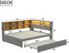 Merax Daybett Schlafsofa 140*200,Ausziehbett 90*190, ausgestattet mit LED Leuchten, Steckdosen und vielen Ablagefächern, Polsterbett, Multifunktionsschlafsofa, Einzelbett, Flanell, Dunkelgrau Bild 4