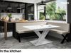 MEBLINI Eckbank für Esszimmer mit ausziehbarem Tisch - Küchenbank - Essecke - Sitzecke Küche - PETER - X-Beine 142x196x87cm Rechts - Beige Kunstleder/B Weiß Hochgl. Bild 2