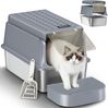 Edelstahl-Katzenklo mit Deckel, XL Geschlossene Metall-Katzenklo, Katzentoiletten mit Schaufel und Fußstufe, Herausnehmbar, 120° Klappdeckel, Leicht zu Reinigen, Dunkelgrau Bild 2