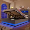 Polsterbett mit LED-Streifen, Stauraum, Schrank, USB und Type-C, 140x200 cm, gepolsterter Kopfteil mit Schrank, Einzelbett, Stauraumbett, Leinen Bild 2