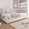 Polsterbett 90x200 cm aus Samt mit hydraulischem Stauraum – L‑förmiges Daybed, beige Bild 3