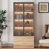Flieks Hochschrank 75 x 34.5 x 170 cm mit LED-Lichtleiste, Aufbewahrungsschrank mit 2 Türen, 2 Schubladen und Glastür, Vitrine, Badschrank, Naturholzfarbe Bild 2