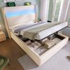 Merax Polsterbett, 90x200cm Einzelbett, Modernes Hydraulisches Bett mit Hohem Kopfteil, mit LED-Beleuchtung, Stauraum & USB/Type-C-Anschlüssen, in Leinen Optik Beige Bild 3