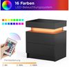 oyajia Nachttisch Hochglanz Nachtschrank mit 2 Schubladen,LED-Beleuchtung 16 Farben (Nachttisch mit LED Streifen, Beistelltisch), Nachttisch mit einstellbare Farben,Sofatisch, 45x35x55 cm Schwarz/Weiß Bild 3