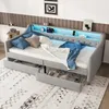 Schlafsofa mit LED-Streifen, Lattenrost und 2 Schubladen, 90x200cm, Polsterbett, Einzelbett, Jugendbett, Leinenbezug Bild 2