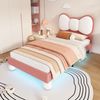 Merax Polsterbett 90x200cm, Einzelbett, Kinderbett, Fliegeformiges Bettkopfteil, Farblich anpassbare LED-Lichtleiste unter dem Bett, stabiler Lattenrost, Samt, Beige + Rosa Bild 2