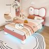 Merax Polsterbett 90x200cm, Einzelbett, Kinderbett, Fliegeformiges Bettkopfteil, Farblich anpassbare LED-Lichtleiste unter dem Bett, stabiler Lattenrost, Samt, Beige + Rosa Bild 5