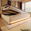 Polsterbett Beige mit LED-Beleuchtung,USB & Type-C Ladeanschluss,hydraulischem Stauraum,Vintage Kopfteil aus Samt 140x200cm,mit Matratze Bild 4
