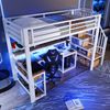Hochbett Liegefläche 90x200 cm aus Metall und MDF mit LED-Lichtleiste, USB-Anschluss, Stauraum und Schreibtisch, Weiß Bild 2