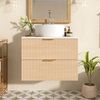 Flieks Waschtisch mit Aufsatzwaschbecken 60 x 45 x 60 cm, wandmontierter Badezimmerschrank mit rundem Keramikwaschbecken, 2 Schubladen, Holzoptik-Fronten Bild 2