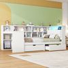 L-förmiges Holz-Plattformbett 90x200 cm mit Schreibtisch, Bücherregal, LED-Beleuchtung und Schubladen, Weiß Bild 2