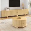 Merax Couchtisch und TV-Schrank Set, Rundcouchtisch mit geschwungenem TV-Schrank, umlaufende vertikale Reliefstruktur, Schiebetüren, MDF-Korpus, Metallgriffe, kugelförmige Metallfüße, vielseitiger Stauraum, Natur Bild 3