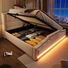 Polsterbett Beige mit LED-Beleuchtung,USB & Type-C Ladeanschluss,hydraulischem Stauraum,Vintage Kopfteil aus Samt 140x200cm Bild 3