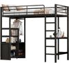 Hochbett, 90*200cm , Ohne Matratze, Bett mit Schreibtisch, Mit Steckdose und USB, Mehrere Regale, Offener Lagerschrank, Geländer, Leiter, Eisenrahmen, Schwarz Bild 4