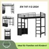 Hochbett, 90*200cm , Ohne Matratze, Bett mit Schreibtisch, Mit Steckdose und USB, Mehrere Regale, Offener Lagerschrank, Geländer, Leiter, Eisenrahmen, Schwarz Bild 2