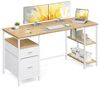 VASAGLE Schreibtisch mit 3 Ablagen, Bürotisch mit 2 Schubladen, 160 x 60 x 76 cm, moderner Stil, eichenfarben-weiß Bild 2