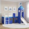Hochbett mit Lattenrost, Turm, Rutsche, Stockbett, Kinderbett, Spielbett, Blau, 90x200 cm Bild 2