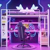 Merax Hochbett, 90 x 200 cm, Einzelbett, Kinderbett, mit LED-Lichtleiste, Schreibtisch, Stauraum, mehreren Regalen, Lochwand, USB-Anschluss, Weiß Bild 5