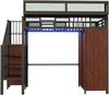 Hochbett 90x200 cm aus Metall und Holz mit Kleiderschrank, Sicherheitsleiter, LED-Beleuchtung und Stauraum, Schwarz Bild 4