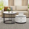 2er Couchtisch Set rund in Weiß, Wohnzimmertisch mit Marmoroptik Hochglanz, Beistelltisch mit Schubladen, modernes Tischset MDF Bild 5
