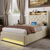 Polsterbett 90×200 cm mit ergonomischem Kopfteil und Lattenrost, Beige Bild 3