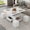Merax Couchtisch Höhenverstellbar, Beweglicher Sofatisch, 4-in-1-Multifunktions-Couchtisch Umwandelbar in Wohnzimmer-Esstisch, Couchtisch mit Schubladen, mit 4 Hockern, Weiß Bild 2