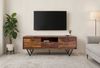 FineBuy TV Lowboard Sheesham Massivholz 160 cm, Fernsehtisch mit Türen, Schublade, offenem Fach & Kabeldurchlass, TV Board mit 3D Fronten & schwarzen Metallfüßen im Industrial Design Bild 2