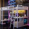 Metall-Gaming-Hochbett (140x200 cm) mit integriertem Arbeitsplatz, LED-Beleuchtung und viel Stauraum, Weiß Bild 4
