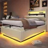 Polsterbett mit LED-Beleuchtung, USB/Type-C Anschlüssen, Stauraum, gepolstertem Kopfteil, 90x200cm, Einzelbett, Stauraumbett, Leinen Bild 2