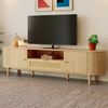 Moderner TV-Schrank, mit Rattan-Schubladen mit offenen Fächern, abgerundeter Tischplatte, Metallbeinen in Holzoptik, multifunktionales Wohnzimmermöbel, Rattan/Metall/Holzoptik Bild 3