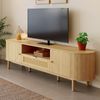 Moderner TV-Schrank, mit Rattan-Schubladen mit offenen Fächern, abgerundeter Tischplatte, Metallbeinen in Holzoptik, multifunktionales Wohnzimmermöbel, Rattan/Metall/Holzoptik Bild 5