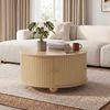 Merax Couchtisch, Rundcouchtisch, Wohnzimmertisch, umlaufende vertikale Reliefstruktur, zwei Schiebetüren, MDF-Korpus, Metallgriffe, kugelförmige Metallfüße, vier separate Ablagefächer, Natur Bild 1