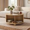 Merax Couchtisch, Rundcouchtisch, Wohnzimmertisch, umlaufende vertikale Reliefstruktur, zwei Schiebetüren, MDF-Korpus, Metallgriffe, kugelförmige Metallfüße, vier separate Ablagefächer, Natur Bild 2