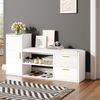 Kommode 128x30x68 cm Weiß mit 2 Schubladen, 1 Schrank, Hochglanz, Sitzfläche und offenem Schuhregal Bild 2