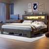 Merax Doppelbett, 180 x 200 cm Holzbett, Bettgestell aus Holz mit Stauraum im Kopfteil, LED-Beleuchtung, integrierten Steckdosen, Plattformbett, Vintage-Holz Bild 3