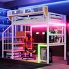 Merax Hochbett 90 × 200 cm, Kinderbett Jugendbett, Mit Schreibtisch, Regal und Aufbewahrungsnetz, Komplett Mit Sicherheitsleiter, LED-Beleuchtung und Steckdose, Erhöhtem Geländer, Weiß Bild 3