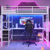 Bett 90x200 cm mit LED-Beleuchtung und Schreibtisch – Hochbett mit Stauraum, Weiß Bild 3