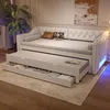 Stauraumbett, 90x200cm, Schlafsofa mit Bettfunktion, LED-Beleuchtung, Gästebett, Lattenrost und Schubladen, Einzelbett, Polsterbett, Leinen Bild 2