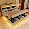 Polsterbett 140×200 cm aus Leinen-Stoff mit LED-Beleuchtung und USB-Typ-C-Anschluss, beige Bild 3