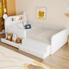Merax Einzelbett, Kinderbett 90 x 200 cm, Jugendbett, Polsterbett mit Bären-Kopfteil, Nachtlicht, USB-Ladeanschluss, integriertem Stauraum und Stufensitz, Kunstlederbezug, Weiß Bild 3