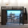 Hochbett mit RGB LED-Streifen, Schreibtisch, Bücherregal, Lattenrost, Treppe, Rausfallschutz, 140x200cm, Metallbett, Kinderbett Bild 2