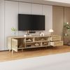 TV Lowboard 160 cm Holzoptik mit Rattanfronten, 2 Schubladen, Tür, Kabelmanagement, höhenverstellbaren Füßen für 70-Zoll Fernseher Bild 5