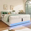 Futonbett mit LED-Beleuchtung, Aufbewahrung und Mehrfachsteckdose, 140x200 cm, Doppelbett ohne Kopfteil, Leinen Bild 3