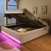 Futonbett mit LED-Beleuchtung, Aufbewahrung und Mehrfachsteckdose, 140x200 cm, Doppelbett ohne Kopfteil, Leinen Bild 2