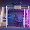 Hochbett 90*200 aus Metall mit Schreibtisch, Ablagefächern, Kleiderstange, LED-Beleuchtung und Steckdose Multifunktionale Etagenbett ist ideal für Büros, Arbeitszimmer und kleine Zimmer. Bild 2