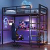 Metall-Hochbett, 90*200 cm, Sicherheitsleiter mit Treppenstufen, Einzelbett, Kinderbett mit Tisch und Regalen, Metallgitter-Sicherheitszaun, Schwarz Bild 5