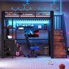 Hochbett mit RGB LED-Streifen, Regal, Schreibtisch, Schubladen und Wandgitter, 90x200 cm, Treppe mit offenem Kleiderschrank, Kinderbett, Metallbett Bild 2