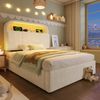 Polsterbett Samt mit Stauraum-Kopfteil, LED & USB-Anschluss, 90x200 cm, Beige, ohne Matratze Bild 3