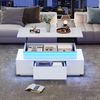 KLAM HOME Couchtisch Höhenverstellbarer Couchtisch Mit LED Beleuchtung Und Schublade (Multifunktionaler Kaffeetisch Mit Hydraulik Hub Und Stauraum), Modernes Wohnzimmer Beistelltisch In Weiß Hochglanz Für Büro Und Party Bild 3